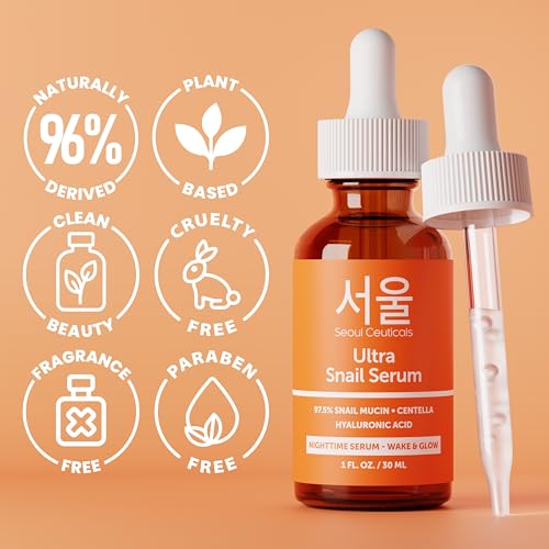 SeoulCeuticals Korean Skin Care 97.5% Snail Mucin Serum β K Beauty Skincare Anti Wrinkle Cica Night Serum Hyaluronic Acid for Face 1oz