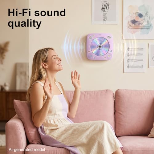 Image of Gueray Portable CD Player Bluetooth: CD Players for Home Rechargeable Desktop Wall Portable CD Player with Bluetooth & Dual Speakers 1800mAh Boombox FM Radio MP3 Music Player (Purple)