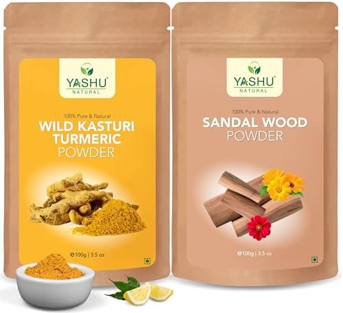 YASHU Pure & Organic Kasturi Turmeric (Kasturi Manjal) Haldi Chandan (Sandalwood) De-Tan Face Pack Combo for Skin Brightening & Glow - Pack of 2 (200g)