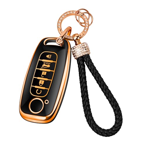 Bqepe Diamond Rope TPU Key Fob Cover Full 360 Protection for 2023 2024 2025 2026 Nissan Rogue Pathfinder and 2024 2025 2026 Sentra (Gold-black 5 Buttons)