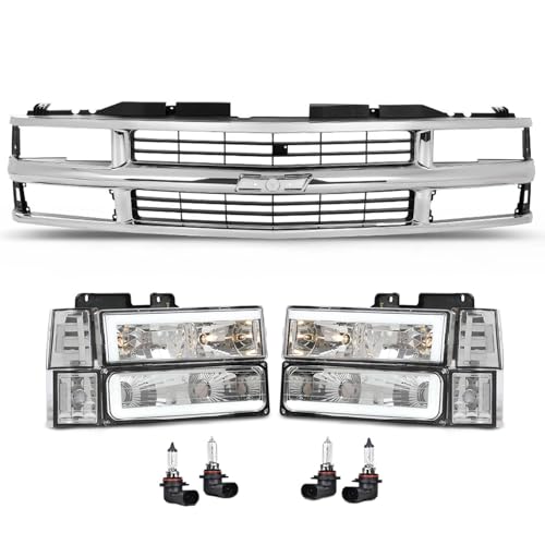 iiLentes Front Chrome Grille Assembly Grill and LED DRL Headlights Headlamp Assembly For 1994-1998 Chevrolet Silverado C/K 1500 2500 3500 Pickup Truck Blazer Tahoe SUV 15981106 GM1200238