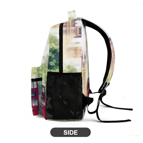 Watercolor London Street Big Ben Bus Travel Backpack Casual Daypack Shoulder Bag with Adjustable Shoulder Straps4