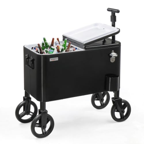 Bonnlo Glacière à roulettes 76 L, Frigo de Jardin ou Camping Facile à Déplacer avec l'Ouvre-Bouteille et l'Attrappe-Capsule Chariot Frigorifique pour Patio Jardin Terrasse, Vert