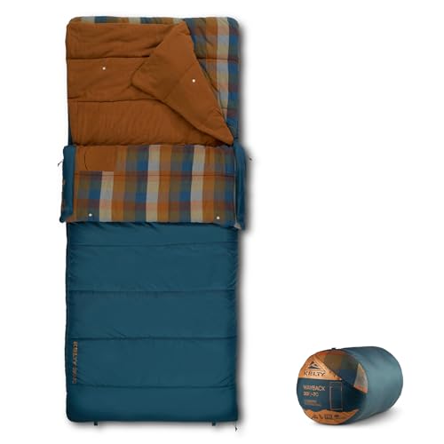 Image of Kelty Wayback Flannel Lined Sleeping Bag, Built in Blanket, Traditional Rectangle Shape, Organic Flannel Cotton Liner, Dual Locking Slide Zips