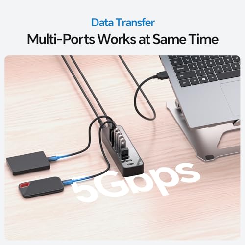 Image of Powered USB Hub, 10 Ports USB A 3.0 5Gbps Data Hub, with 7 USB-3.0 Ports, 3 PowerIQ Charging Ports, 60W Power Adapter for Laptop and More