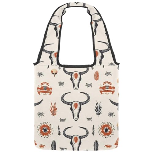 Western Cowboy Boots and Hats in Desert Canvas Tote Bag for Women, Medium Reusable Grocery Totes Washable and Eco-friendly