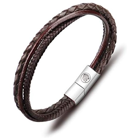 Mens Leather Bracelet - Classic Handmade Braided Black & Brown Cuff Bracelet with Engraved Magnetic Clasp Free Jewelry Gift Boxed Cover