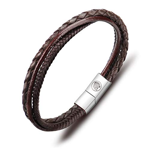 Casisto.J Bracelet Homme - Bracelet Cuir Homme Manchette tressé à la Main Classique Noir et Brun avec Fermoir magnétique gravé Cadeau Bijoux Gratuit en...