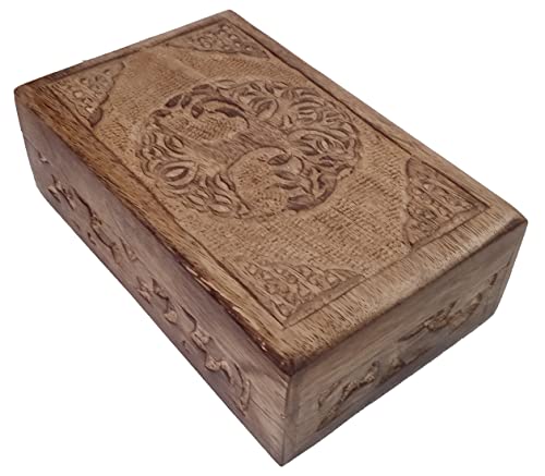 Purpledip Wooden Handcarved Box Round Tree of Life: for Jewelry Trinkets, Cards, or Tea Bags, Distress Brown (12235B)