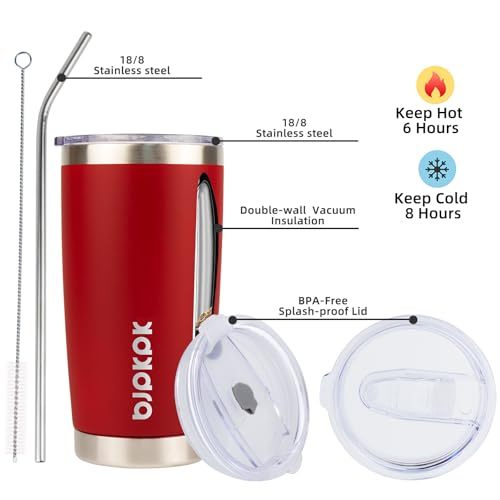Image of BJPKPK 20 oz Coffee Tumbler with Lid, Straw, Insulated Stainless Steel Mug | Double Wall Vacuum, Keeps Hot /Cold, BPA Free, Leak Proof, Iced Coffee Cup Fit Car Holder, Travel & Beach Ready, Red