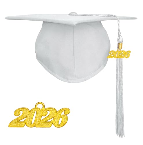 Happy Secret Matte Graduation Cap with 2026 Tassel for Adults Adjustable Elastic Unisex for High School College Ceremony White