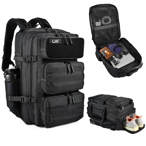 LHI Military Tactical Backpack for Men and Women 50L Army 3 Days Assault Pack Bag Large Rucksack with Shoe Compartment - Black