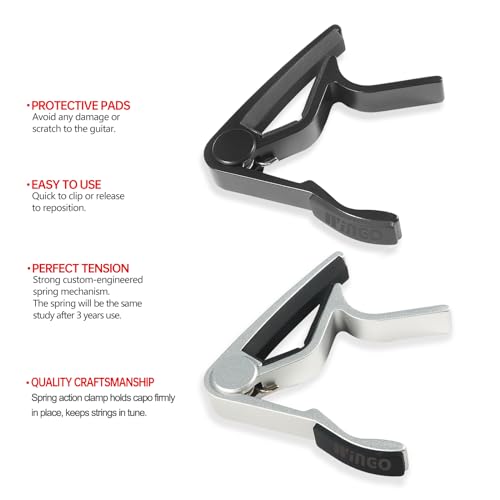 Image of WINGO 6 String Single-handed Guitar Capo For Acoustic Electric Guitar - 2 Pack of Black and Silver