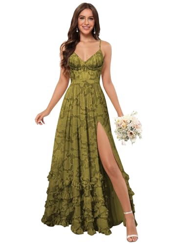 Dessiny Spaghetti Straps Floral Print Bridesmaid Dresses with Slit V Neck Tiered Formal Evening Dress DE5814
