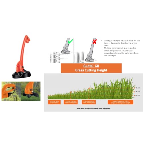 Image of BLACK+DECKER GL250-GB 250W Corded Grass Trimmer | 23 cm(9 inch) Cutting Swath | 11500 RPM | 6 metre Cord Length | Ideal for Efficient Trimming of Small Gardens | Bump Feed Line System