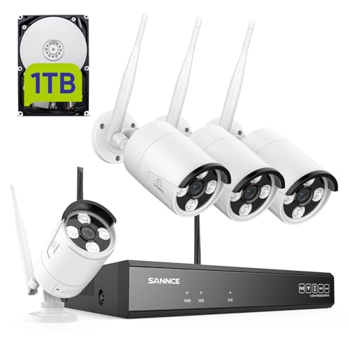 SANNCE outdoor, Kit Videosorveglianza WiFi Super HD 5MP NVR 8 Canali con 1TB HDD 4 Wireless Telecamera IP 3MP Intelligenti Microfono AI Rilevazione Umana Sistema di Sorveglianza Eseterno IP66-1TB HDD