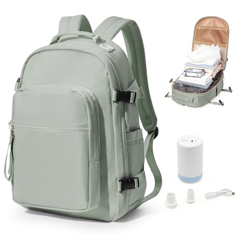 Vacuum Backpack With Pump,Travel Laptop Backpacks For Women Men,Airback Backpacks With Vacuum Compression Bags Seal Packing,Carry On Backpack, Personal Item Travel Bag Grey Green