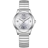 BOSHIYA Reloj de pulsera para mujer Easy Reader de 30 mm, analógico, de cuarzo, con correa elástica de acero inoxidable, resistente al agua, dorado/plateado, Manecillas luminosas plateadas, Large(6.69