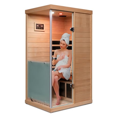 LTCCDSS Infrared Sauna, 1 Person Far Infrared Sauna for Home, with 1060W Indoor Sauna with Bluetooth Speakers, LED Reading Lamp, Red Lamp, 2 Tempered Glass Door, Hemlock Wood Sauna Room Left Door