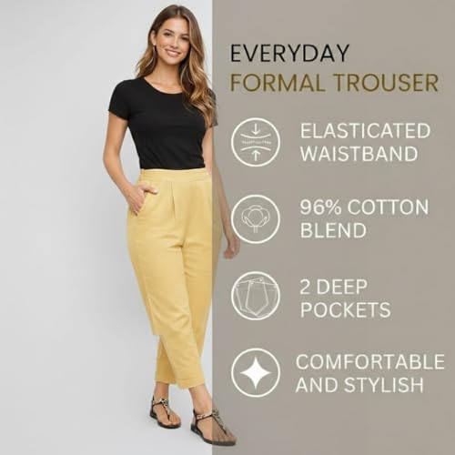 Image of DIGITAL SHOPEE Women Regular Fit Elastic Waist Full Length Cotton Formal Trouser for Casual Wear, Office Wear