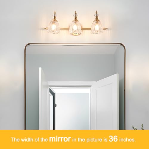 Image of Brushed Gold Bathroom Vanity Light, Farmhouse Brass Bathroom Light Fixtures Over Mirror, 3 Light Vanity Lighting Fixtures, Flower Glass Shade Wall Sconce Lighting