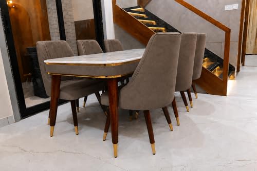 Image of WOODEN SPACE 6-Seater Wooden Dining Table Set | Nano Composite Marble Top | Solid Wood Base | Modern Dining Room Furniture with 6 Chairs (Brown Frontline)