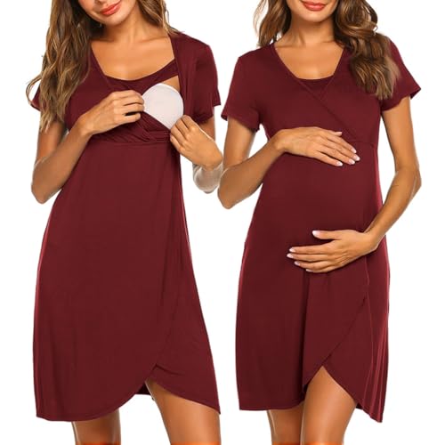 Image of Ekouaer Nursing Nightgown 3 In 1 Maternity Nightgown Short Sleeve Nursing Gown Breasfeeding Sleepwear Delivery Dress