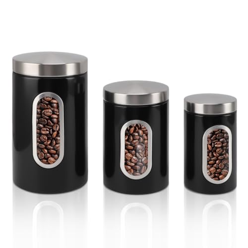 Cyrank Juego De Tarros De Café, Juego De Botes De Azúcar De 3 Piezas, Tarros De Almacenamiento De Dulces para Café, Té, Tarros De Cocina, Contenedor De Café con Ventana Transparente(Negro)