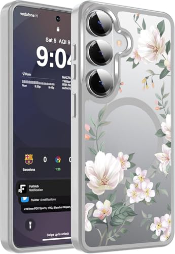 Image of VONZEE Compatible with Samsung Galaxy S26 5G Case Luxury Retro Flowers Floral Clear for Magnetic Wireless Charging Case Shockproof PC+TPU Cute Glossy Shiny Cover for Girls Women, Grey