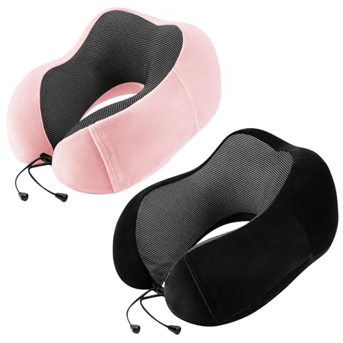 urnexttour Neck Pillow Airplane-2 Pack Memory Foam Travel Pillow, Soft Support Travel Neck Pillow for Travelling, Sleeping Rest, Car, Train and Home Use (Black&Pink)