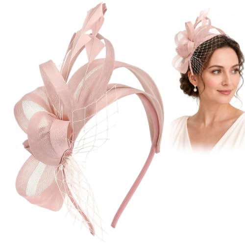 Image of RubyTint Dusty Rose Mesh Feather Fascinator Headband for Weddings and Races