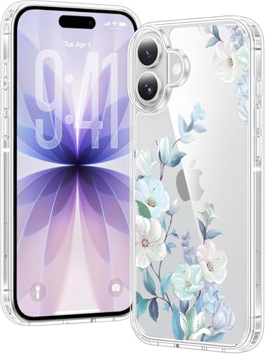 Image of Elzzi Transparent Flower Cover for iPhone 17 Case Shockproof Floral Design Full Camera Protection Shockproof PC+TPU Covers for Girls & Women (Blue)
