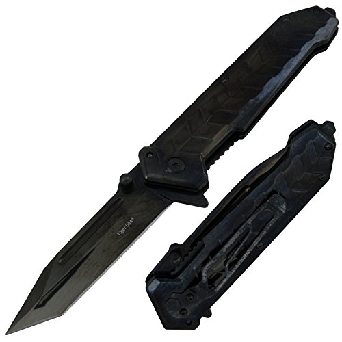 Tiger USA 9" Blackout Tanto Assisted Opening Tactical Pocket Knife with Black handle and Black Blade