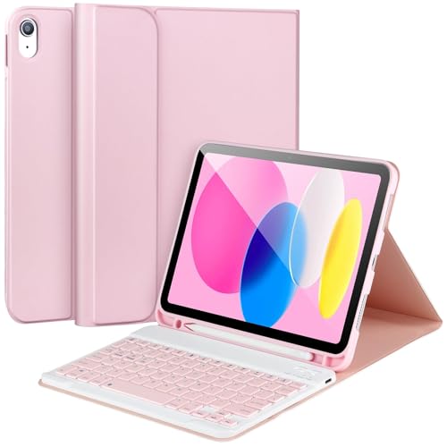 APHBZGE for iPad 11/10th Generation Case with Keyboard,Detachable Bluetooth Keyboard case for iPad A16 2025 11 inch/10th Gen 2022 10.9’’ with Pencil Holder, Square Keycaps,Pink