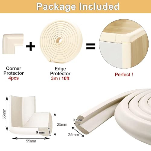Image of Baby Proof Corners and Edges Protector 10ft Edge+4 Corner Guard, Fireplace Baby Proofing Bumper, Heavy-Duty Soft NBR Foam Edge Corner Protector for Furniture Table, Childsafe /Pre-Taped White