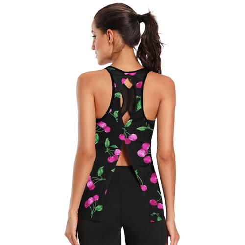 Regatas de treino Planta Fruta Roxa Preta Mulheres Costas Abertas Laço Costas Muscular Regata Corrid