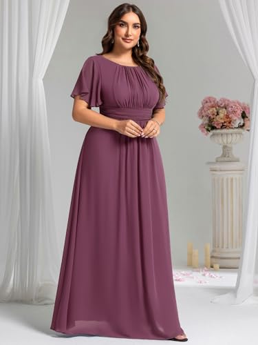 Image of Ever-Pretty Plus Elegant Formal Dresses for Curvy Women Round Neck Short Sleeves Chiffon Bridesmaid Mother of The Bride Dress