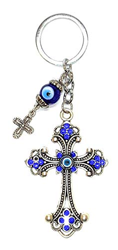 Luckboostium Lucky Evil Eye Car Hanging Ornament & Keychain - Silver Cross W/Blue Crystal Rhinestones & Blue, White, Black Resin Evil Eyes Beads - Rear View Mirror Accessories - Gift For Men & Women #TOP27
