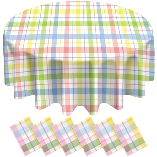 6Pcs Spring Easter Buffalo Plaid Checkered Round Tablecloth Decorations, Plastic Watercolor Pink Blue Yellow Pastel Dinner Table Cover for Indoor Outdoor Spring Birthday Easter Party Supplies, 84 Inch by Jectivs - Used condition - US$9.56