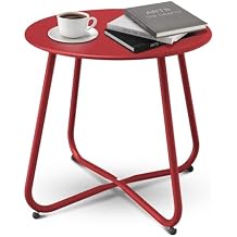 Patio Side Table Waterproof Round Metal Steel Weather Resistant Portable Outdoor and Indoor End Table for Garden Balcony Yard, Dark Red