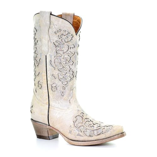 Corral Boots Teen's White Glitter Inlay & Embroidery Snip Toe Cowboy Boots for Girls | Low Heel Leather Western Cowgirl Boots3