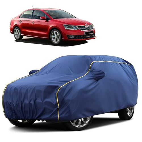 Image of Sulfar 100% Water Resistant Car Body Cover Compatible with Mirror for Skoda Rapid (Triple Stitched, Full Bottom Elastic, Blue Taffeta with Yellow Piping)