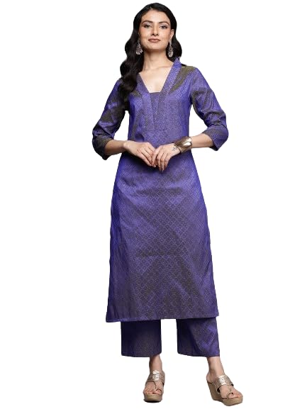 Varanga Women Blue Jacquard V Neck Kurta With Bottom And Dupatta