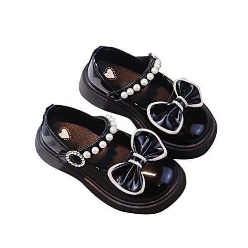 Girl's Leather Shoes Dress Shoes Princess Shoes Bow Shiny Pearl Fairy Shoes for Toddler Girls Non Slip Baby Shoes (Black, 8 Toddler)