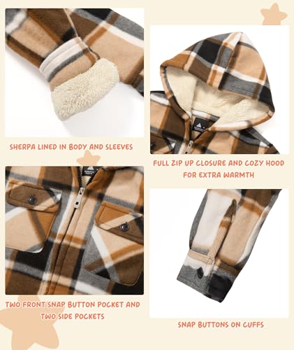Image of V VALANCH Boys Flannel Jacket Hooded Fleece Lined Zip-up Hoodies Plaid Coat for Kids