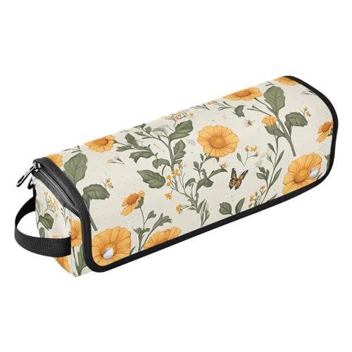 Estuche de viaje 2 en 1 para plancha rizadora Retro Yellow Flowers con tapete resistente al calor y cierre magnético impermeable, organizador portátil para planchas y rizadores miniatura 1