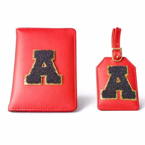 Image of Passport Cover & Bag Tag Combo | Personalized Initial Alphabet Custom A-Z Name Initial | Fits Standard Passports | Travel GiftIdeal Travel Gift for Women, Girls & Couples (Red)