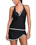 Seaped Womens Plus Size Swimsuit Halter Print Tankini Top With Skirted Bikini Bottom Set bathing suits