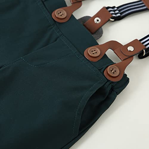 Amisssz Baby Jungen Gentleman Anzug, 4tlg Kinder Hochzeit Festlich Taufe Strampler mit Bowtie Hemden + Hosenträger Overalls Grün 12-18 Monate