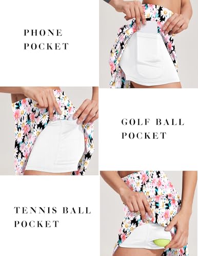 COOrun 18\" Tennis Skirts Golf Skirts for Women with Pockets Knee Length Athletic High Waisted A-line Skorts Pink Floral